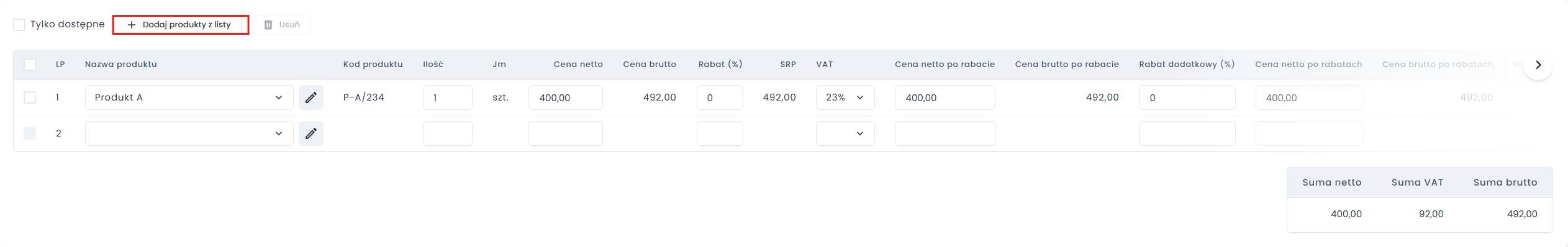 Przycisk "Dodaj produkty z listy"
